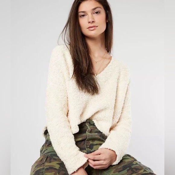 Free People | Cream Textured Knit Cropped Boxy Popcorn Pullover - Picture 15 of 15